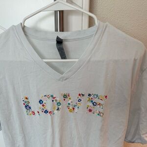White V-Neck T-Shirt with Floral Love Print